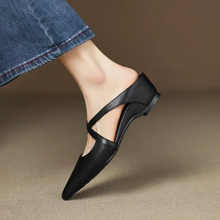 Harper | Läder Mules Med Korsrem Spetsig Tå Låg Klack Slip-On